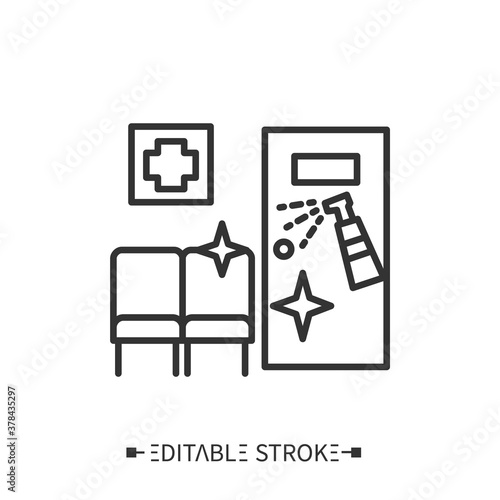 Disinfection in hospitals line icon. Sanitizing doctors cabinet. Safety space and preventative measures. Preventing virus spread concept. Isolated vector illustration. Editable stroke