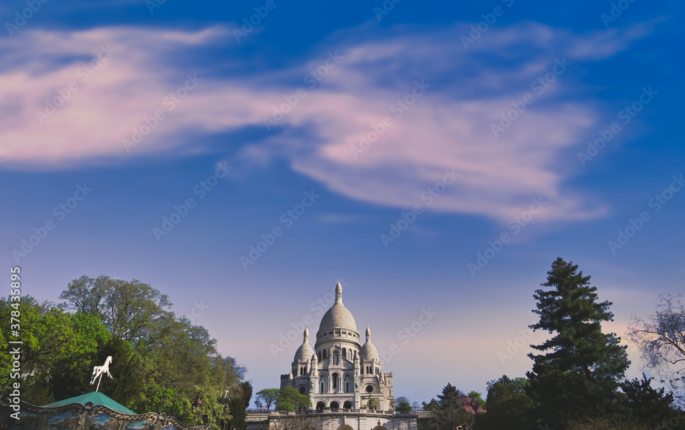 The Basilica of the Sacred Heart of Paris, commonly known as Sacré-Cœur Basilica, located in the Montmartre district of Paris, France.