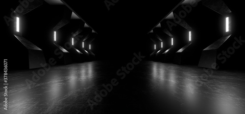 Fototapeta Naklejka Na Ścianę i Meble -  A dark corridor lit by white neon lights. Reflections on the floor and walls. 3d rendering image.