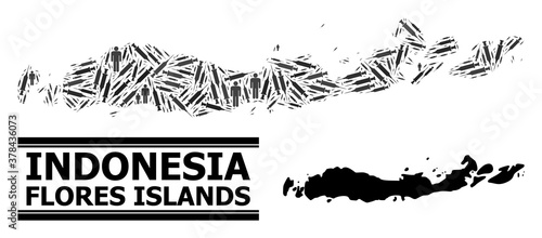 Vaccine mosaic and solid map of Indonesia - Flores Islands. Vector map of Indonesia - Flores Islands is shaped with syringes and people figures. Abstraction is useful for safety aims.