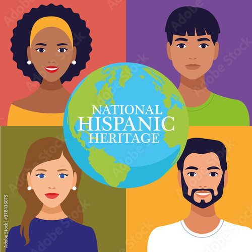 national hispanic heritage celebration with people and lettering in world planet