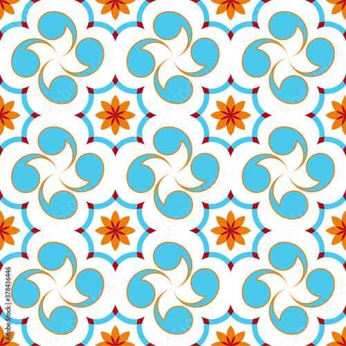 Seamless vector pattern with Basque cross Lauburu. Spanish style digital tapestry, textile print.