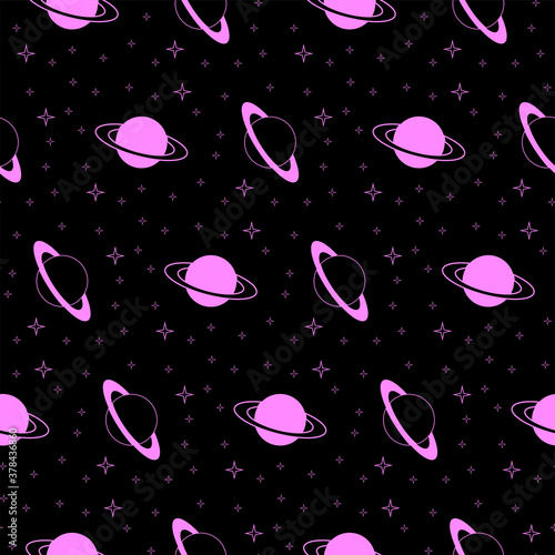 Planets and stars seamless pattern, deep space vector art.