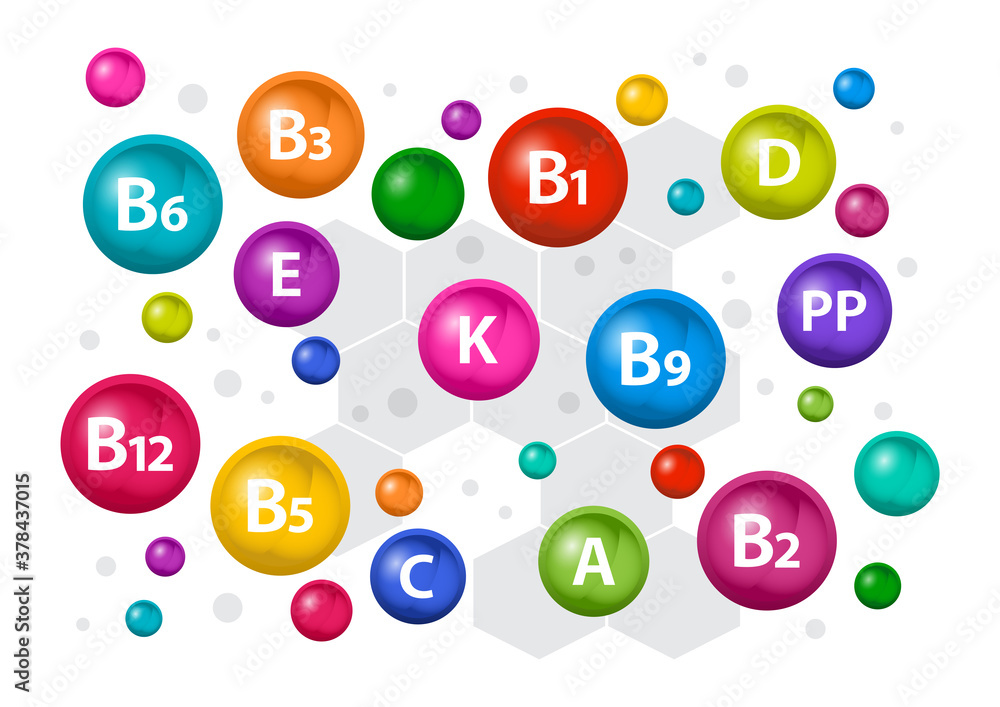 Colorful multivitamin complex for health. Vitamin A, B1, B2, B3, B5, B6,  B9, B12, C, D, E, K, PP. Vector illustration Stock ベクター | Adobe Stock