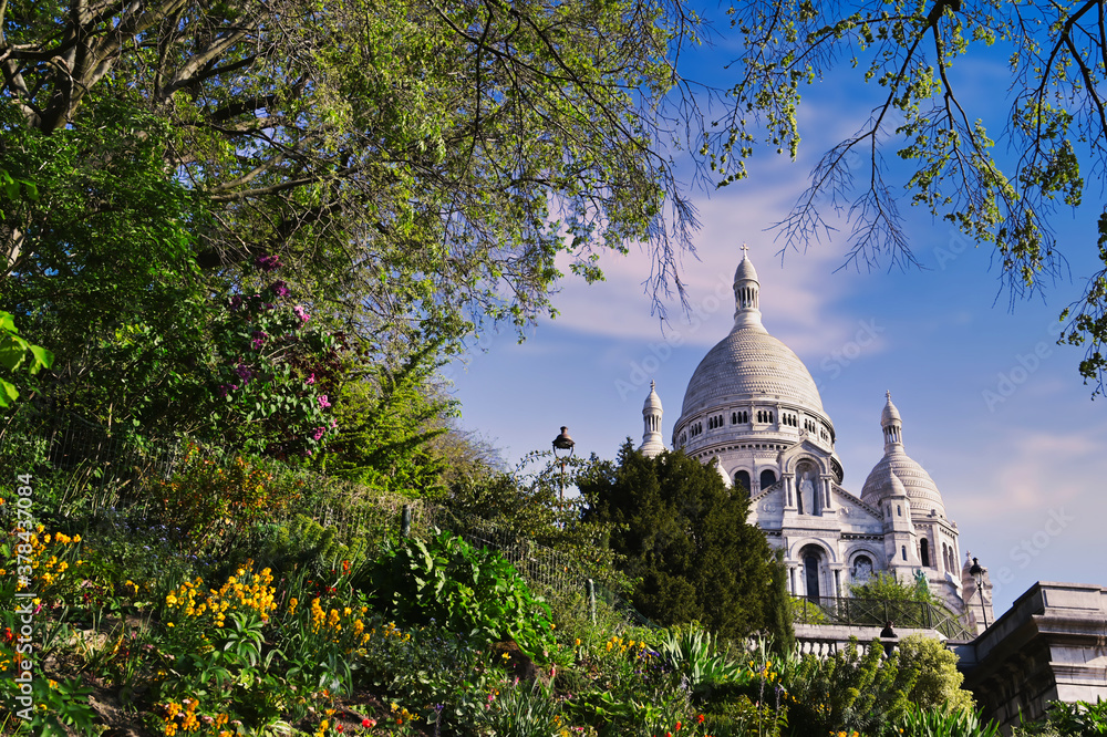 The Basilica of the Sacred Heart of Paris, commonly known as Sacré-Cœur Basilica, located in the Montmartre district of Paris, France.