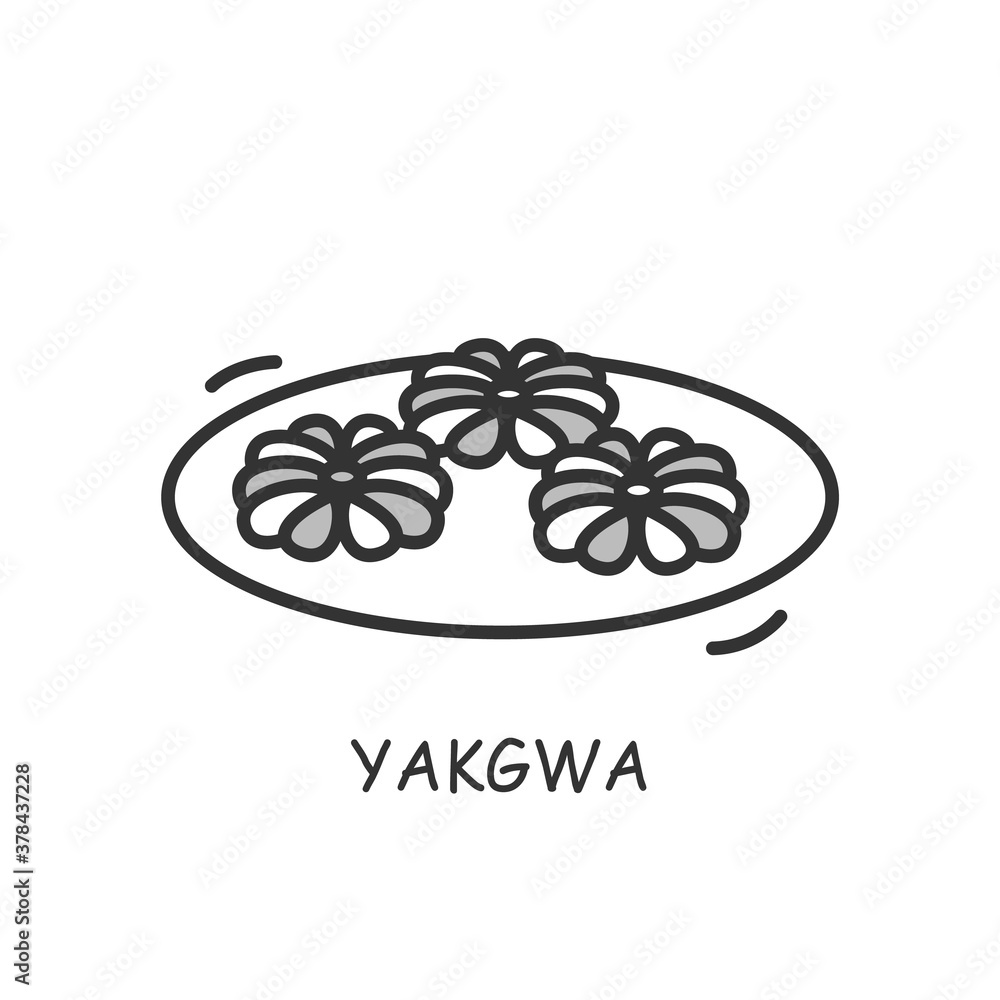 Obraz premium Yakgwa line icon.Korean floral-formed deep-fried cookies with wheat flour and sesame oil.Korean dessert.Traditional South Korea sweets concept. Asian food.Editable stroke.Isolated vector illustration 