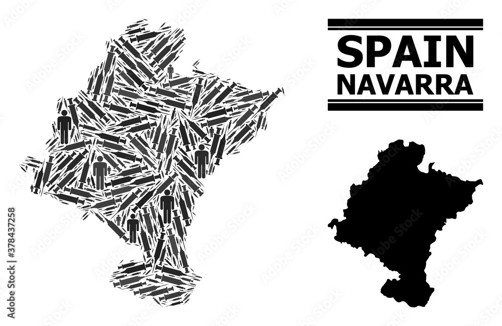 Covid-2019 Treatment mosaic and solid map of Navarra Province. Vector map of Navarra Province is shaped with injection needles and people figures. Collage is useful for pandemic purposes.