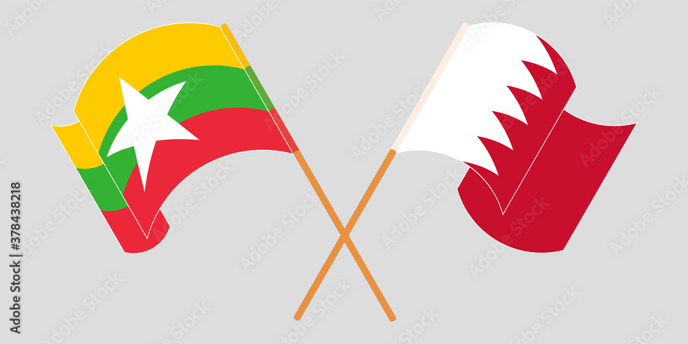 Crossed and waving flags of Myanmar and Bahrain Crossed and waving flags of Myanmar and Bahrain