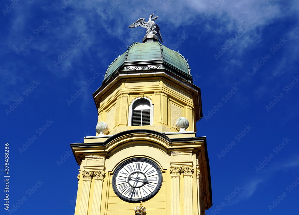 Croatian cultural heritage, town clock tower in city of Rijeka with two head eagle on the top