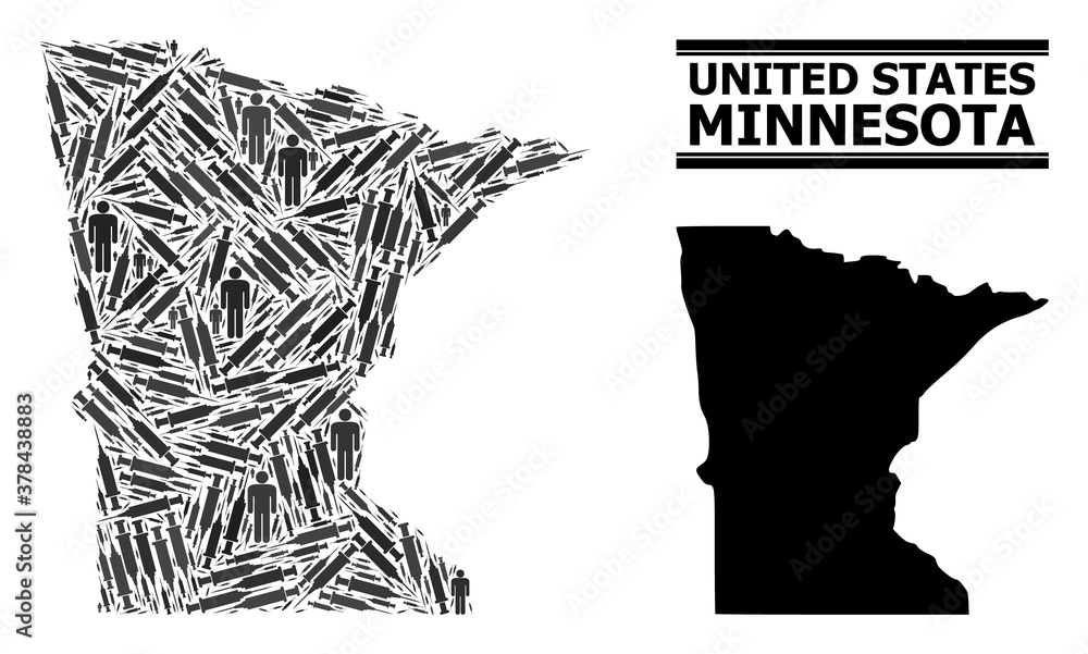 Covid-2019 Treatment mosaic and solid map of Minnesota State. Vector map of Minnesota State is created from vaccine symbols and men figures. Abstraction is useful for lockdown alerts. Covid-2019 Treatment mosaic and solid map of Minnesota State. Vector map of Minnesota State is created from vaccine symbols and men figures. Abstraction is useful for lockdown alerts.