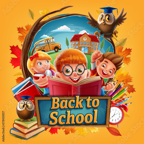 children reading book back to school banner