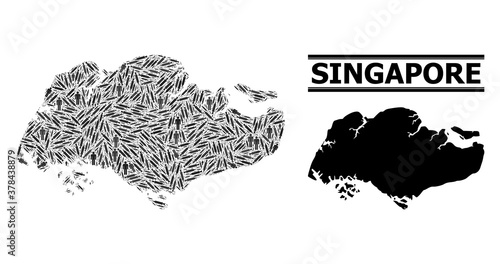 Virus therapy mosaic and solid map of Singapore. Vector map of Singapore is created from injection needles and men figures. Template is useful for quarantine templates.