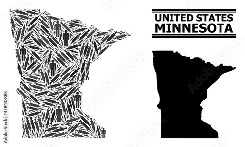 Covid-2019 Treatment mosaic and solid map of Minnesota State. Vector map of Minnesota State is created from vaccine symbols and men figures. Abstraction is useful for lockdown alerts.
