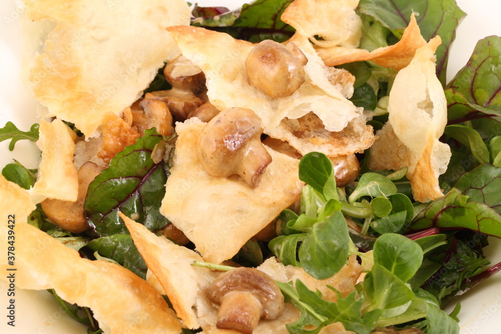 Champignons with fried dough and arugula Champignons with fried dough and arugula