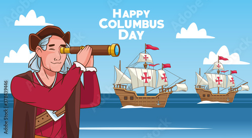 Columbus day celebration scene of christopher using telescope and caravels