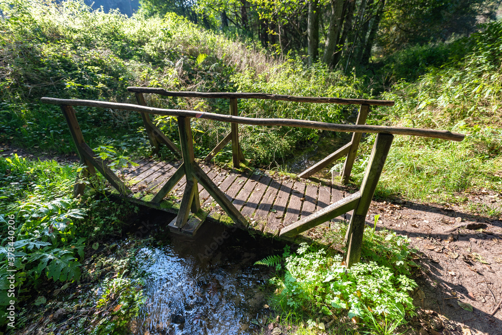 A small wooden bridge across a small river. Pedestrian crossing through the watercourse in the forest. A small wooden bridge across a small river. Pedestrian crossing through the watercourse in the forest.