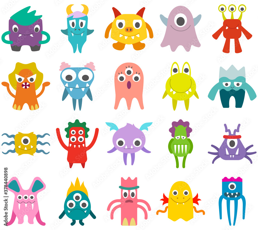 Collection of monsters in flat style. Big set of various icons. Collection of monsters in flat style. Big set of various icons.