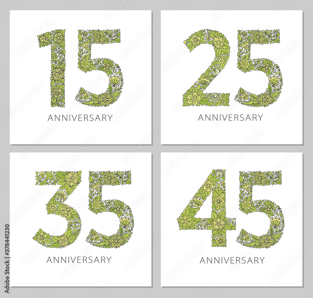 Flowers numbers cards set. Anniversary invitations. Creative vector illustration numbers 15, 25, 35, 45 design with leaves and flowers on white background. Flowers numbers cards set. Anniversary invitations. Creative vector illustration numbers 15, 25, 35, 45 design with leaves and flowers on white background.
