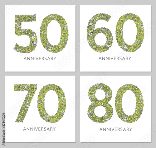 Flowers numbers cards set. Anniversary invitations. Creative vector illustration numbers 50, 60, 70, 80 design with leaves and flowers on white background.