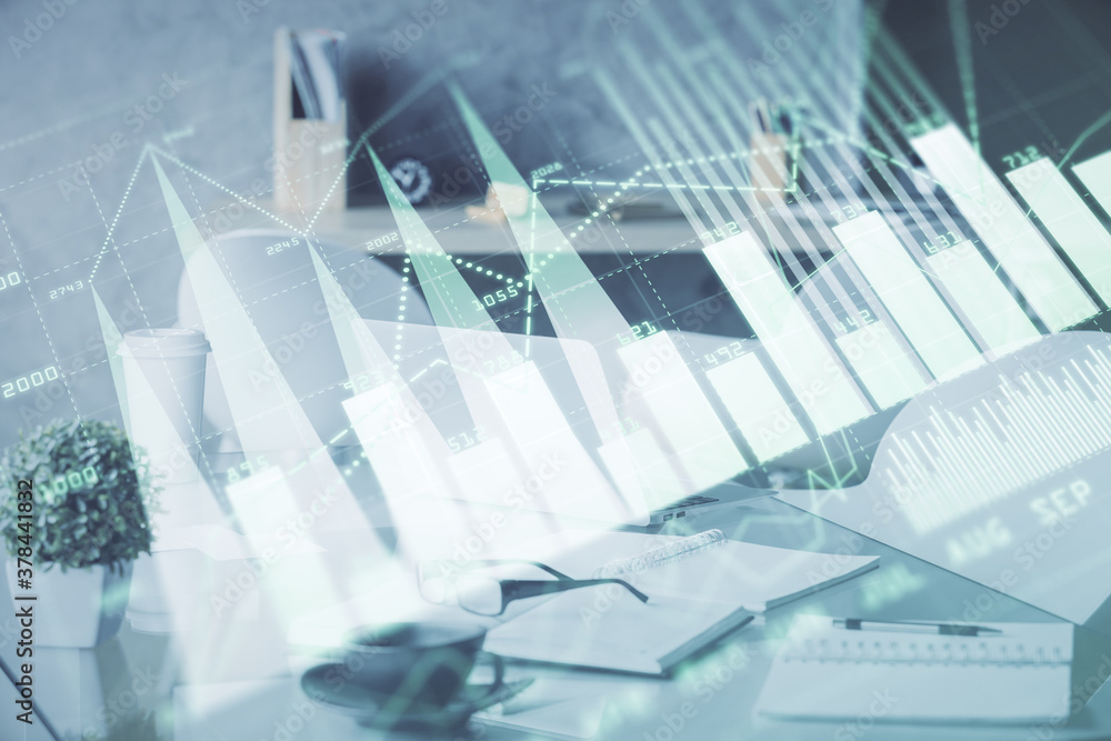 Double exposure of stock market graph drawing and office interior background. Concept of financial analysis. Double exposure of stock market graph drawing and office interior background. Concept of financial analysis.