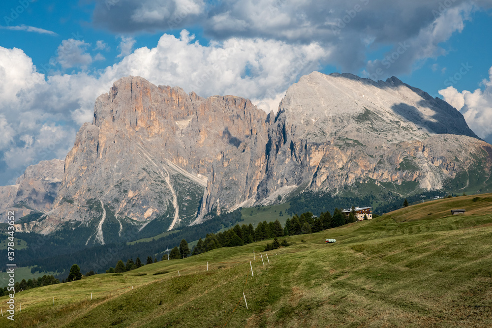 Panorama of the Dolomite mountain range that includes Sasolungo and Sassopiatto.
