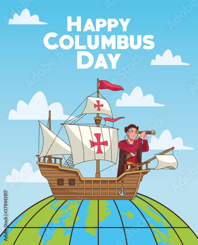 Columbus day celebration scene of christopher using telescope over planet