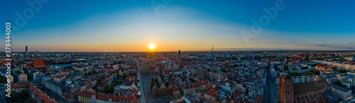 Wroclaw panoramic aerial drone photo of old town and city main square at sunset