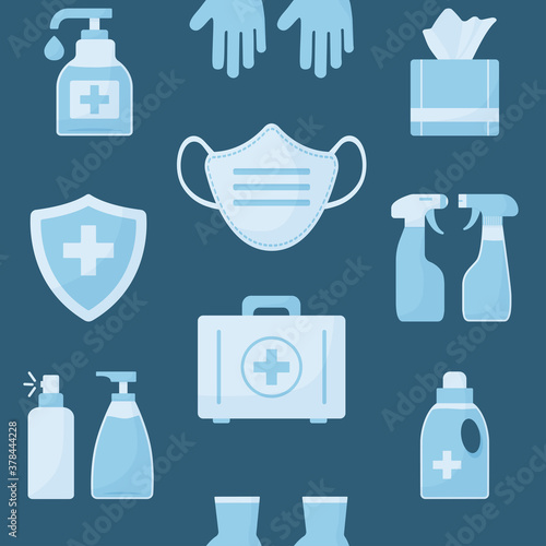 Medicine seamless pattern, blue objects on dark background. Disinfectant, hand sanitizer bottles, medical mask, antibacterial spray, gel, wipes, soap, gloves, first aid kit, medical insurance.Vector