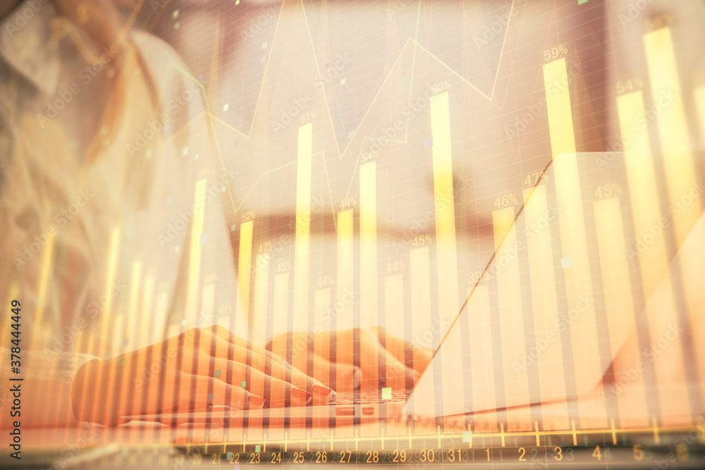 Double exposure of woman hands working on computer and forex graph hologram drawing. Financial analysis concept. Double exposure of woman hands working on computer and forex graph hologram drawing. Financial analysis concept.