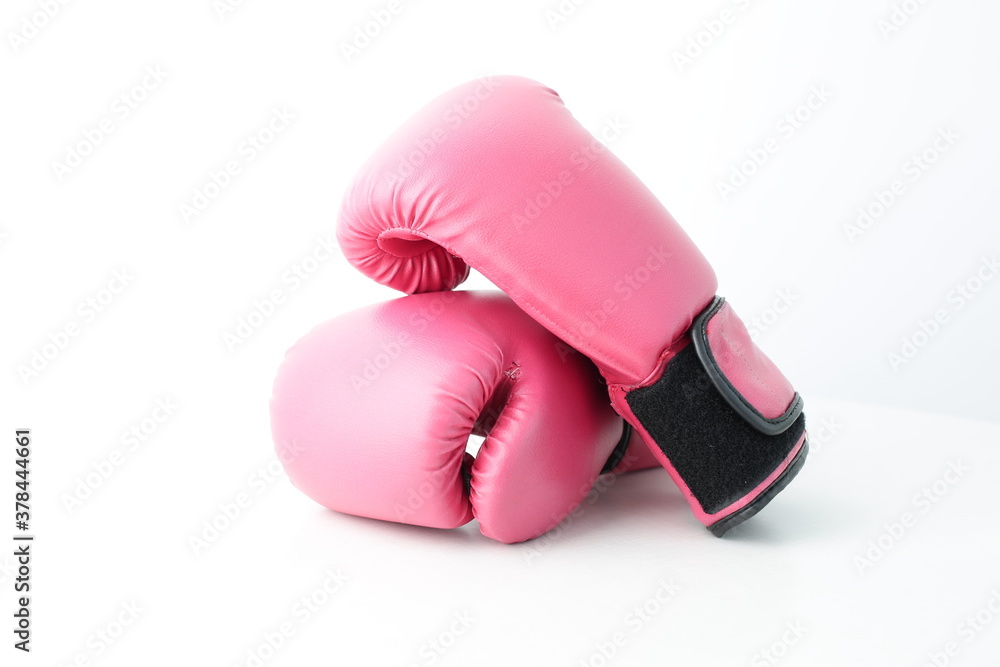 Red boxing gloves are depicted on a white background