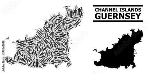 Covid-2019 Treatment mosaic and solid map of Guernsey Island. Vector map of Guernsey Island is constructed of injection needles and people figures. Collage for lockdown alerts.
