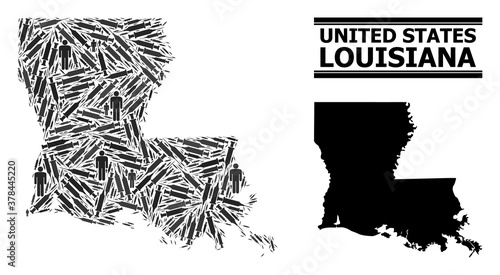 Inoculation mosaic and solid map of Louisiana State. Vector map of Louisiana State is formed with inoculation icons and people figures. Illustration is useful for lockdown aims.