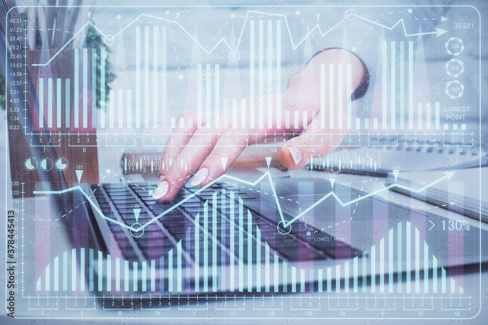 Multi exposure of woman hands typing on computer and forex chart hologram drawing. Stock market analysis concept. Multi exposure of woman hands typing on computer and forex chart hologram drawing. Stock market analysis concept.