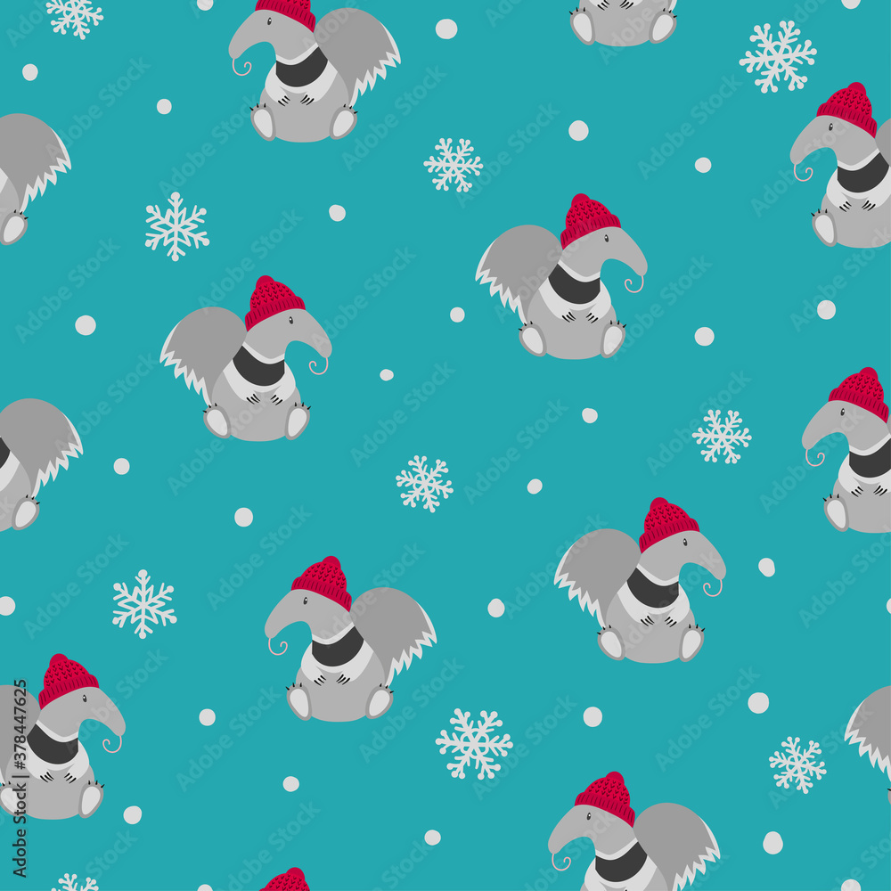 Seamless Christmas pattern with cute ant eater and snowflakes. Winter vector illustration. Seamless Christmas pattern with cute ant eater and snowflakes. Winter vector illustration.