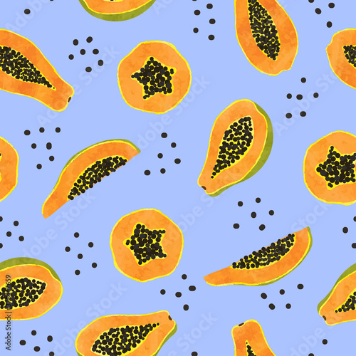 Seamless papaya fruit pattern. Vector background with orange fruit slices.
