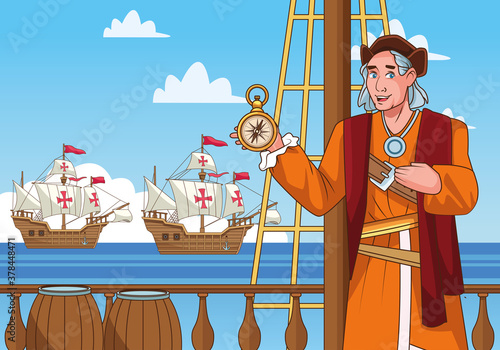 Columbus day celebration scene of christopher lifting compass guide scene