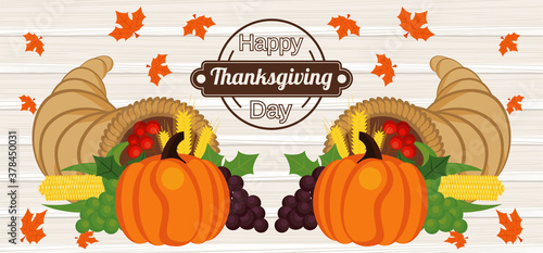 happy thanksgiving day poster with pumpkins and fruits in wooden background