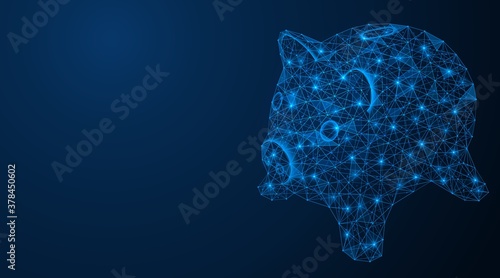 Piggy Bank. Business concept. Low-poly construction of a Piglet from lines and dots. Blue background.