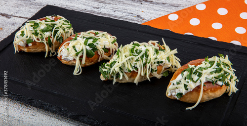 Traditional Turkish pastry pogaca with cheese filling with dill. Turkish name: Sakalli, sacakli, corek - pogaca. photo