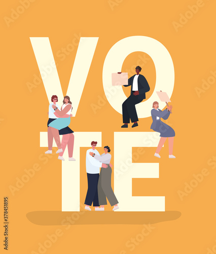 Women and men cartoons with vote banners on orange background vector design