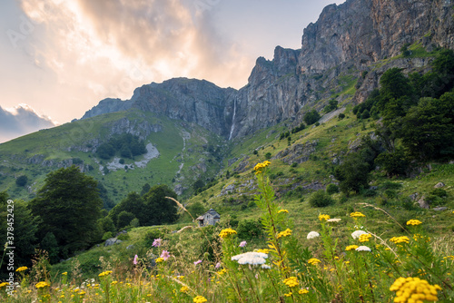 Beautiful waterfall in Bulgaria at sunset. photo