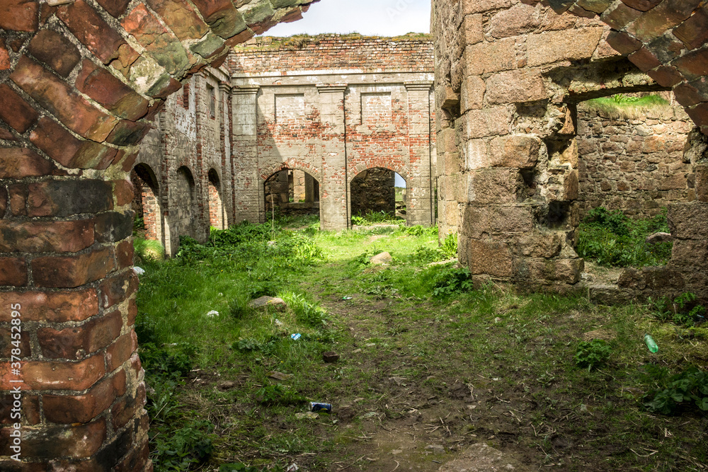 Detail of Slains Castle in Cruden Bay, Aberdeenshire, Scotland, UK