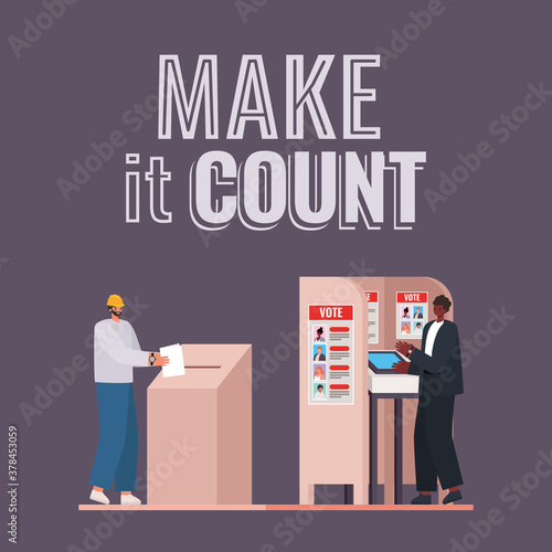 men with voting box and booth with make it count text vector design