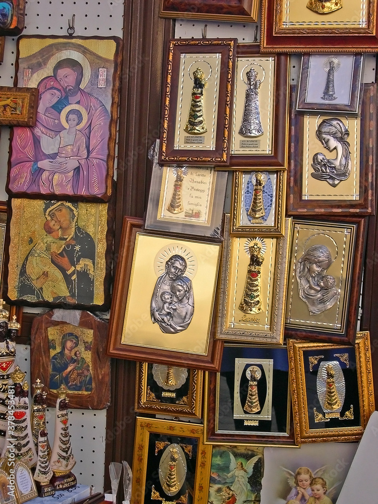 Italy, Marche, Loreto religion souvenirs shop near the Holy House basilica.  