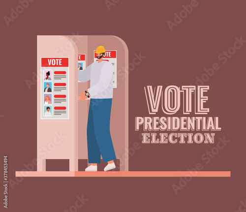 man at voting booth with vote presidential election text vector design