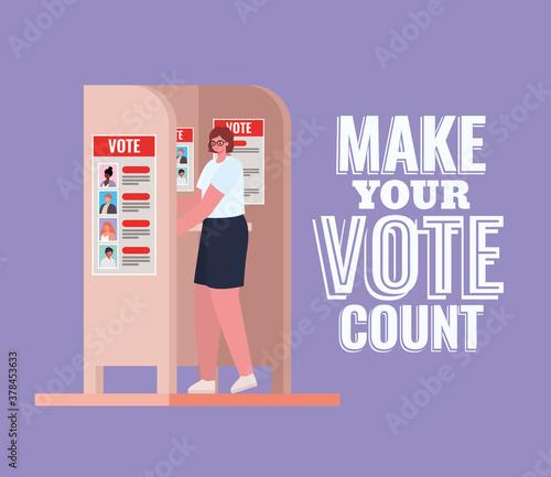 woman at voting booth with make your vote count text vector design