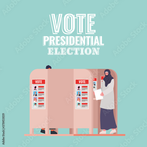 muslim woman at voting booth with vote presidential election text vector design