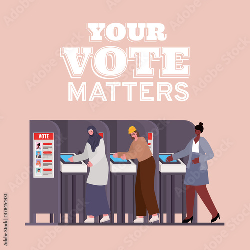 women at voting booth with your vote matters text vector design