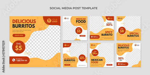Delicious burritos social media post template. Food banner for mexican food restaurant
