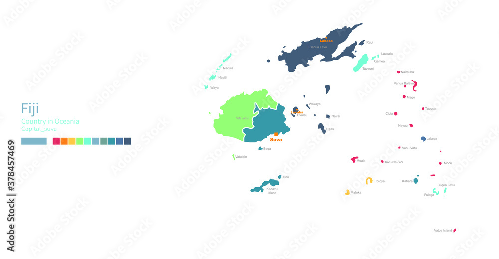 Naklejka premium Fiji map. Colorful detailed vector map of the Asia, Oceania, Pacific country. 